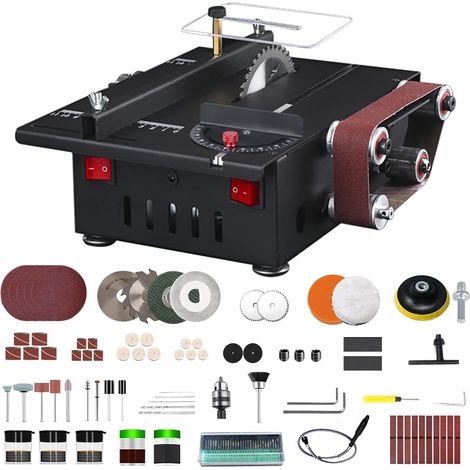 Mini scie circulaire de table avec 4 lames, scie de table à découper et ponceuse à bande en un, 600 W, multifonction, portable, de précision, scie de table miniature avec quatre lames de scie (1/5)