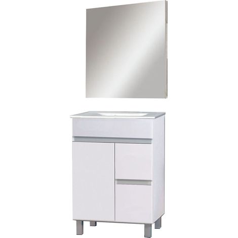 Kibath Mueble de baño con Lavabo, Espejo y Aplique LED URBAN 60x45 cm acabado BLANCO brillo 2 cajones y puerta (1/5)