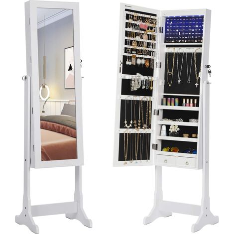 Armoire à Bijoux LED, Armoire de Rangement sur Pieds, avec Serrure, Miroir Toute-Longueur, 4 Étagères, 2 Tiroirs, Blanc JBC94W (1/5)