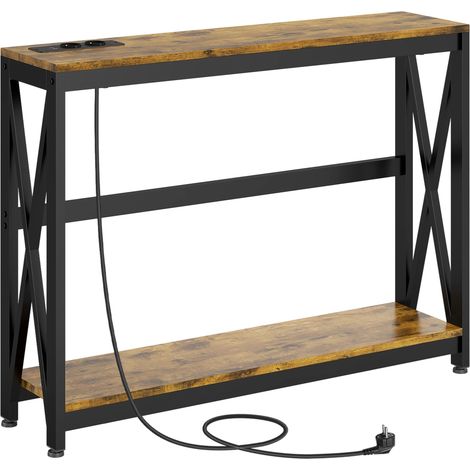 Console d'entrée à 2 niveaux avec 2 ports de chargement USB et structure en acier, meuble de couloir 100 x 24 x 75 cm, marron rustique (1/5)