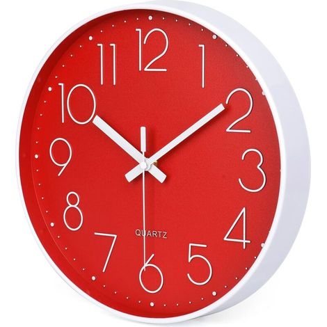 30cm Red Silent Modern Wall Clock, Non-Ticking Quartz, Round, Battery Operated