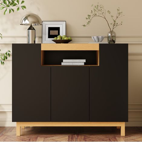 Sideboard aus Spanplatte in Schwarz, 3 Türen und offenes Mittelfach, 120,5 x 42 x 96 cm (1/5)