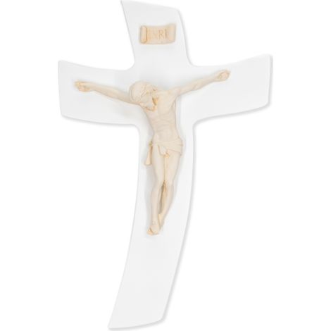 Crocefisso parete Moderno Legno Croce stilizzata BIANCA con corpo scultoreo AVORIO con scatola 34x50 cm (1/4)