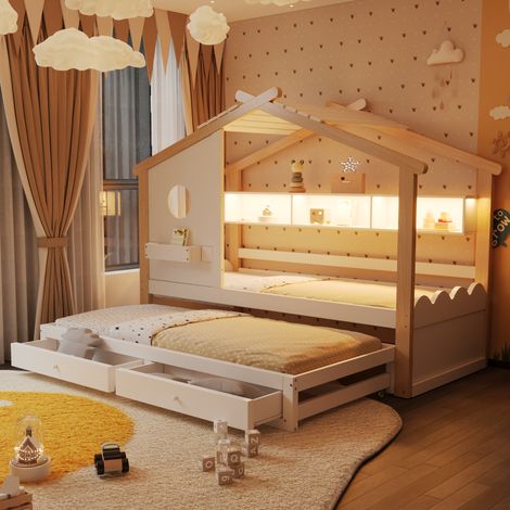 Letto per bambini in legno massello bianco e naturale, 90x200 cm, con letto estraibile 90x190, illuminazione a LED, porta USB/Type-C e vano contenitore.