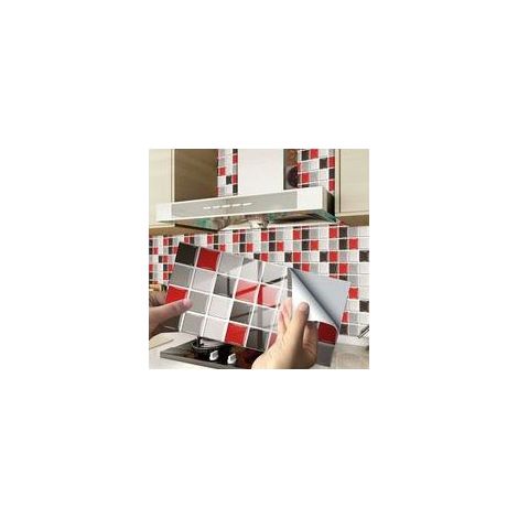 BRAVIX Rectangle Adhésive Décorative à Carreaux pour Salle de Bains et Cuisine Stickers Carrelage, Motif Marbre Mosaïque Imperméables Adhésive Décoration (Rouge Mosaïque,24Pièces) (1/5)