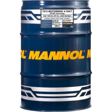 Aceite para motor de motocicleta Mannol 4T 10W40 60L éster + sintético MA2 (7812) (API SN) - 1 bidón 60 L (1/2)