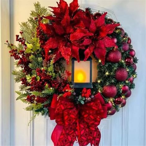 Ghirlanda natalizia retrò rossa a LED – effetto floccato, decorazioni miste, per finestra/camino/veranda