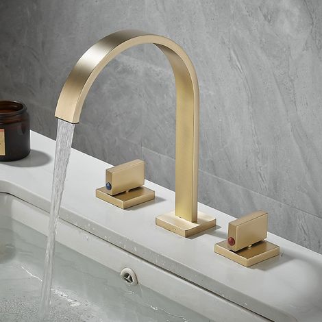 Ensemble de robinet de lavabo à 3 trous, séparé - Corps en laiton - Design à deux poignées, Modèle B Or brossé (1/2)