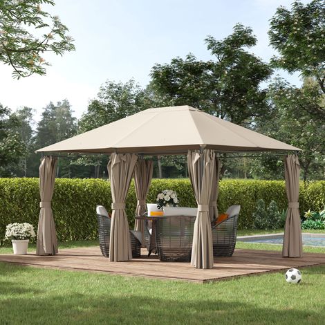Tonnelle de jardin style colonial 4x3x2,72m, double toit, toiles latérales amovibles, kaki