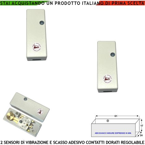 Rilevatore Scasso Sensore di Vibrazioni Continue 2 Pezzi Antifurto a Filo Per Inferriate Regolazione Meccanica del Martelletto Oscillante Contatto Allarme NC Tamper Contenitore Adesivo ABS Bianco IP30 (1/4)