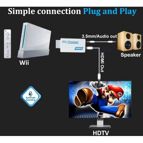 Adaptateur Wii vers HDMI, convertisseur Wii vers HDMI 720P/1080P avec câble HDMI avec port HDMI et prise 3,5 mm – Prend en charge tous les modes d'affichage Wii (Blanc) (1/4)
