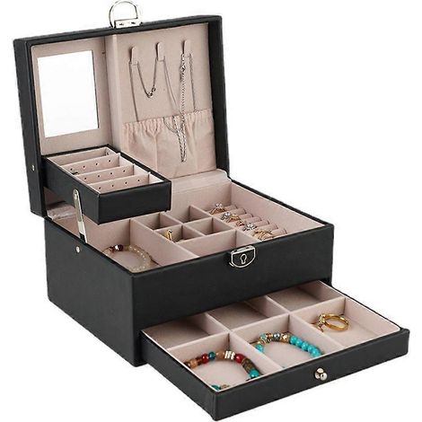 Boîte à bijoux double tiroir en PU, grande capacité, pour ranger bagues, boucles d'oreilles et colliers. (1/5)