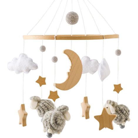 Mobile Pour Lit Bébé - Cadre En Bois Naturel - Figurines En Feutrine - Hauteur Réglable - Pour Chambre Bébé - 1 Pièce (1/5)