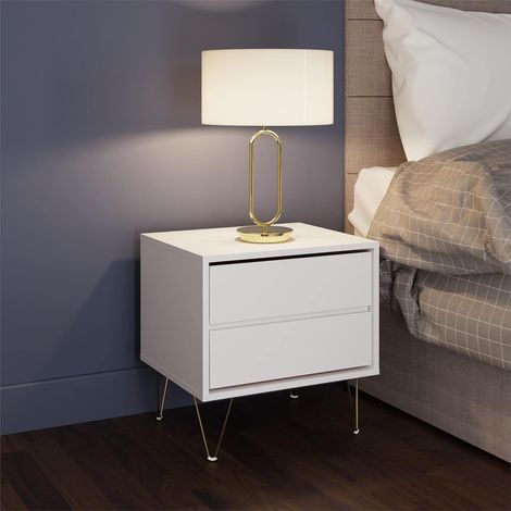 2 Drawer Bedside Cabinet White With Gold Legs Modern Design Contemporary (1/5)