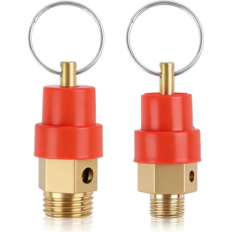 Lot de 2 Soupapes de Sécurité en Laiton G1/4" + G1/8", Valve de Décharge de Pression 115 PSI (8KG) pour Compresseur d'Air, Chaudière, Machines Industrielles, Réglage de Pression avec Capuchon Rouge (1/5)