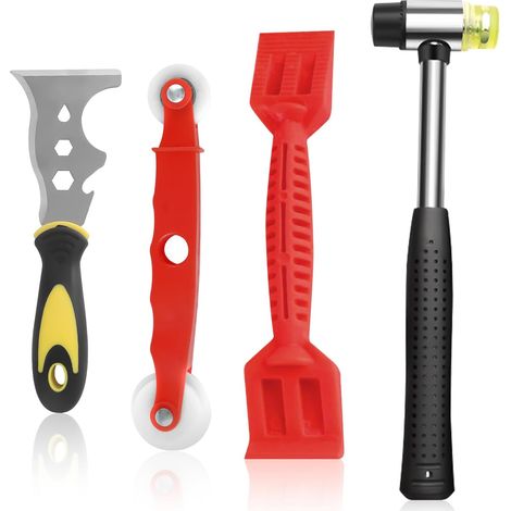 Window Glazing Tool Set, 4 Pieces Window Glazing Tool for Assembly and Repair, with Stainless Steel Scraper, Double Head Hammer, Pressure Roller and Spatula (1/5)