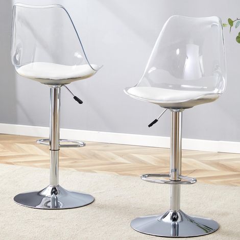 Lot de 2 tabourets de bar réglables 60-80 cm, pivotants à 360°, dossier transparent, assise en similicuir PU, pied métal argenté (1/5)
