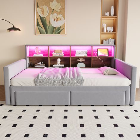 Canapé-lit convertible 90x190 cm avec rangement intégré, tête de lit lumineuse LED et ports USB, 2 tiroirs, sommier lattes, velours gris perle, extensible 180 cm (1/5)