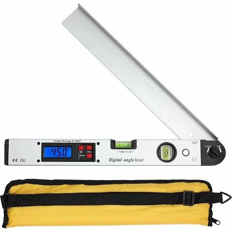 Digital protractor (0–225°), 400 mm / 16 inch, digital horizontal angle ruler with LCD backlight and spirit level for DIY work in roofing, including battery and case (1/4)