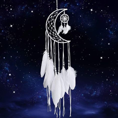 Attrape-rêves lune blanche fait main avec plumes - Décoration bohème et cadeau de fête (1/5)