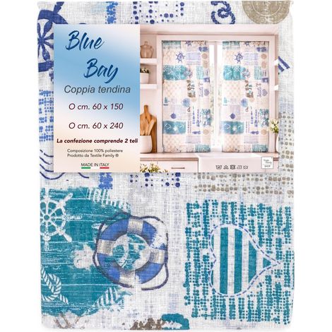 Coppia Tendine a Vetro Blu Bay Semitrasparenti in Bouclè con Tunnel per Astina – 2 Teli Made in Italy COPPIA (2 TELI) CM. 60X150 (1/5)