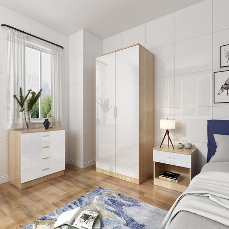 ELEGANT Bedroom Furniture 3 Pcs Set High Gloss 2 Doors Wardrobe and 4 Drawer Chest and Bedside Cabinet, White/Oak (1/5)