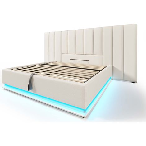 Lit coffre 180 x 200 cm en PU blanc avec LED et ports USB-C, cadre de lit avec sommier, sans matelas (1/5)