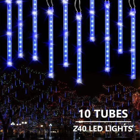 Guirlande Lumineuse Noël Exterieure 30cm 10 Tube 240 LED Météores Pluie Lumières Étanche Guirlande Noël Décoration pour Intérieur, Sapins,Balcon,Fête, Mariage(Bleu) [Classe énergétique A]