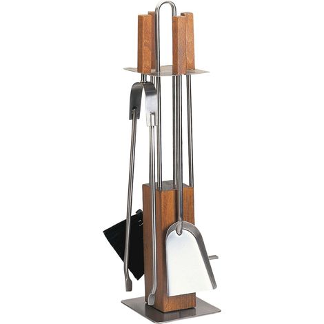 Kaminbesteck Kaminzubehör – Edelstahl mit Griffen und Sockel - Eiche gedämpft, Höhe - 65cm