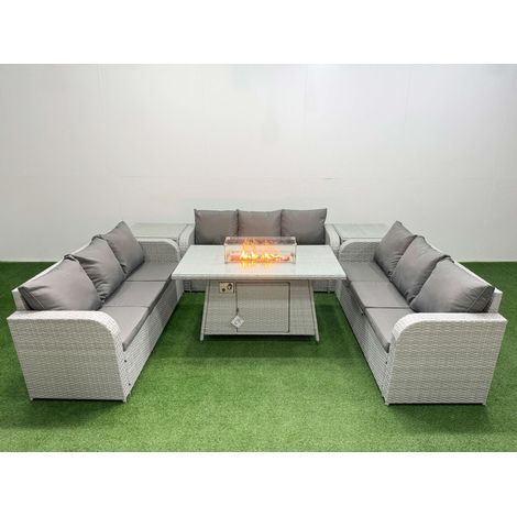 Fimous PE Rattan Lounge Sofa Set 9 Seater Outdoor Garden Furniture Set with Firepit Dining Table 3 Seater Sofa 2 Side Table Light Grey (1/4)