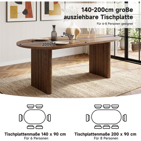 Table extensible 140/200 x 90 cm pour 6 à 8 personnes, angle arrondi, plateau épais, style sobre, bois noyer. (1/5)