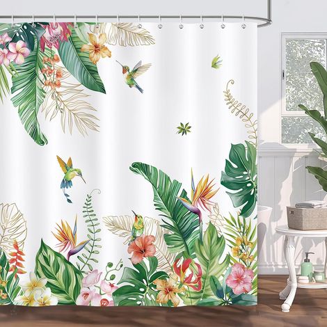 Rideau de douche tropical colibri 180 x 180 cm, tissu polyester lavable, imperméable avec 12 crochets (1/5)