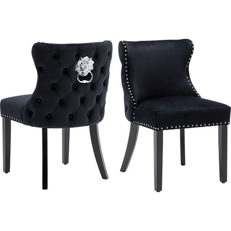 Sillas de Comedor 2Pcs en Terciopelo Tapizado Sillas de Ocio con Patas de Madera para Cocina Salón Restaurante, Negro, Wahson