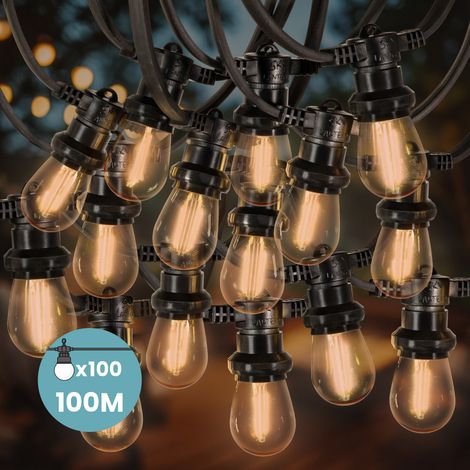 Guirlande Guinguette 100M 100 Bulbes Filament Ambré - Guirlande Lumineuse Ampoule E27 Ambrée à Intensité Variable - Guirlande Guinguette Led bulbes filament (1/5)