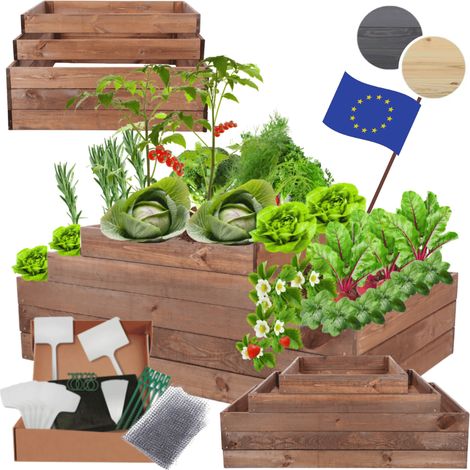 MODO24 ZP09 Carré potager surélevé en escalier modulable, bois de pin, herbes/légumes, jardin/terrasse/balcon, 45x117x60 cm, marron