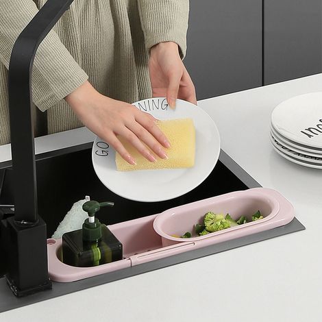 Ausziehbarer Spülbecken-Abtropfkorb mit Siebeinsatz, Ablage für Geschirrtücher und Geschirr, mattrosa Oberfläche, einzeln verpackt in einem Karton (1/4)