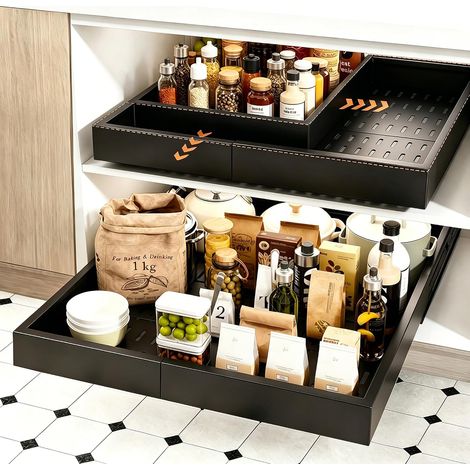 2 x Black 4 Way Kitchen Drawer Pull Out Drawer Telescopic Drawer, Width 30-48 cm & Depth 36-55.5 cm, for Cabinets with/without Frame, Metal Frame, No Drilling (1/5)