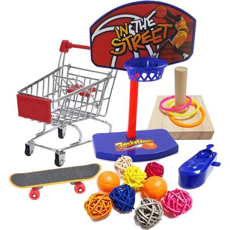 Jeu de 5 jouets éducatifs pour perroquets et perruches - Ensemble d'entraînement à l'intelligence avec panier trottinette, anneaux empilables et mini caddie (1/5)