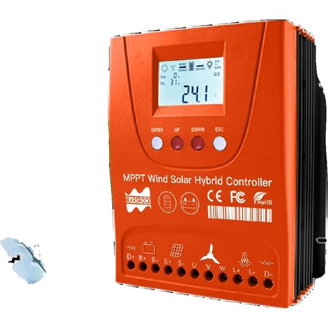 Controlador híbrido solar/eólico, conectividad Bluetooth, pantalla LCD grande, 1500 W de energía solar, con Bluetooth, funcionamiento automático de 12/24 V, sistema híbrido eólico-solar externo. (1/2)