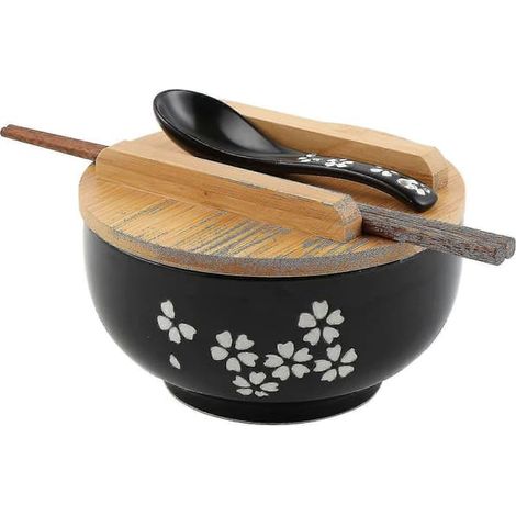 BelleRise - Ensemble de bols à ramen japonais avec cuillère et couvercle, bol à soupe céramique, bol à riz noir 16,5 cm rétro (1/5)