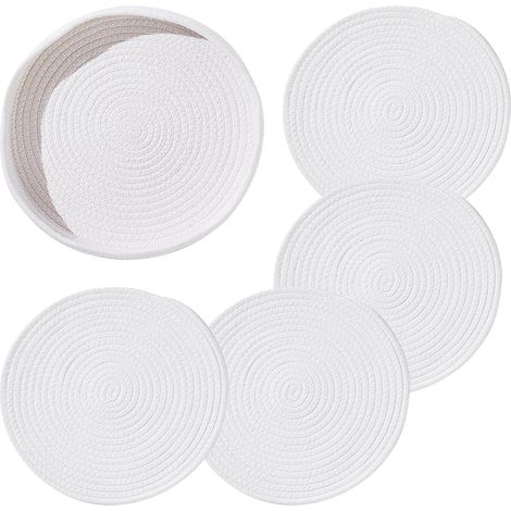 Set 4 Sottopiatti Intrecciati Bianchi 30cm con Cesto – Isolanti Termici e Antigraffio in Tessuto Robusto – Design Moderno per Cucina e Sala da Pranzo (1/5)