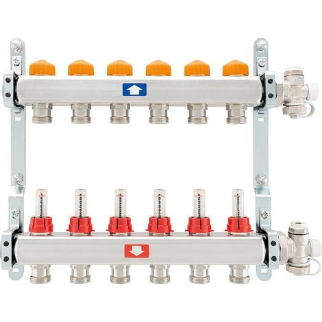 Collecteur de circuit de chauffage itap 918 CB Eclipse, DN25 (1") en acier inoxydable, 4 circuits de chauffage, avec débitmètre