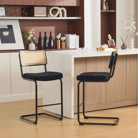 Set di 2 sgabelli da bar senza braccioli, schienale in legno e rattan, seduta imbottita, struttura in metallo verniciato - nero (1/5)