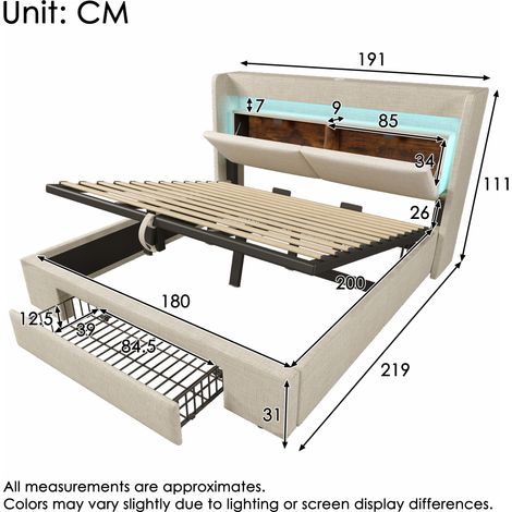 Lit double 180x200 cm avec sommier à lattes en bois, tête de lit lumineuse avec rangement intégré, éclairage LED et ports USB-C, coffre de rangement hydraulique, beige lin, sans matelas (1/4)