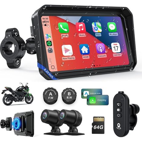 Motorcycle Screen with Android Auto - 6.25 Inch GPS Waterproof Pantalla Para Moto Navigation System for Motorcycle, Dash Cam 2K Audio Bluetooth and TPMS with Magnetic