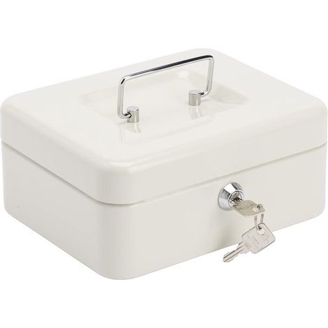 Caja de efectivo con cerradura de llave y compartimento para monedas, casete para efectivo, chapa de acero, blanca