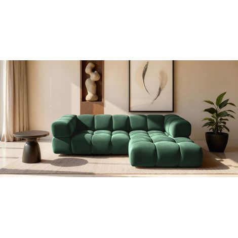 Ecksofa Designersofa BLANCHE in Stoff Bluvel Flaschengrün Ottomane Rechts