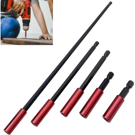 5 Pièces Porte Embout Magnetique, Rallonge Embout Visseuse,50/60/100/150/300mm Embout Visseuse Aimanté, 1/4'' Hexagonal Rallonge Visseuse pour Perceuses et Tournevis (Rouge) (1/5)