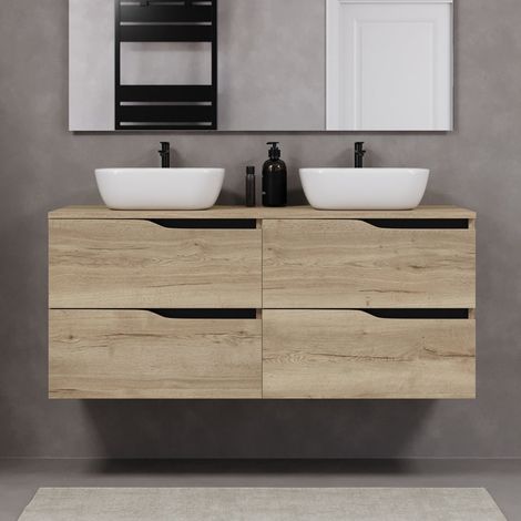 Meuble de salle de bain 120cm avec plateau et deux vasques à poser zeus - 4 tiroirs - sans miroir - madera miel (chêne clair) - LUNA (1/5)