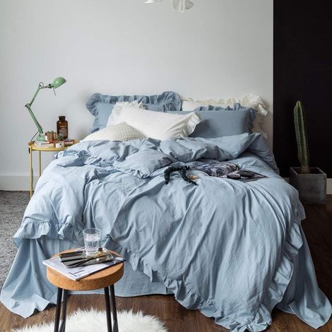 Bettwäsche-Set 200x220 cm mit Rüschen, gräulich-blau, 100% Mikrofaser